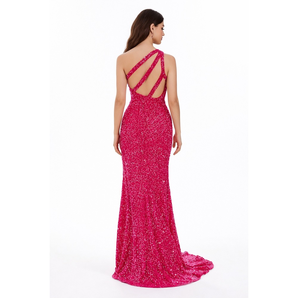 Pink One‎ Shoulder Sequin Gown Maxi Dress High Slit Back Strappy Evening Prom S
